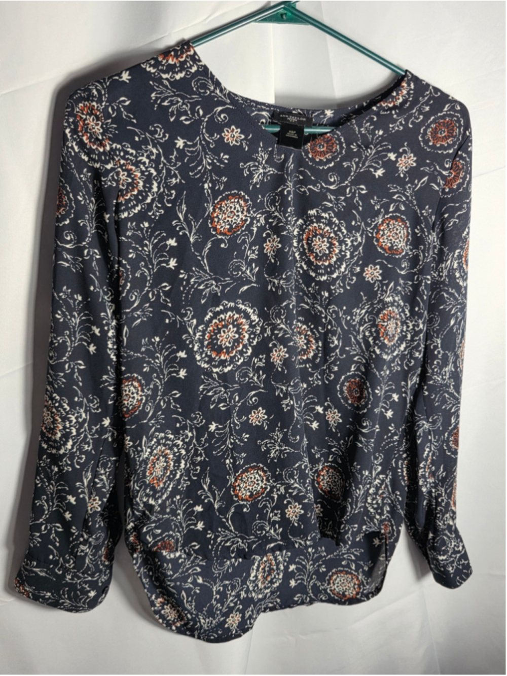 Women's Ann Taylor Petite XSP Blouse Black Orange Floral Print Long Sleeve fall